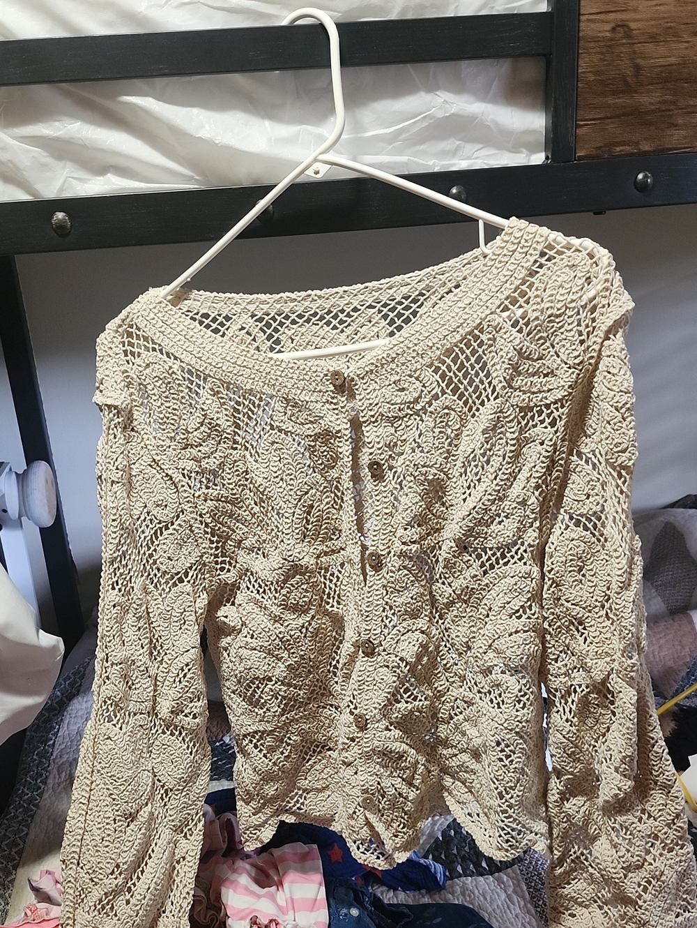 Lightweight Beige Open-Knit Button-Front Cardigan